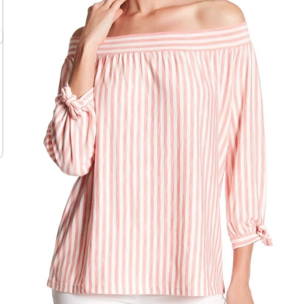 Max Studio Pink and White Off shoulder Blouse